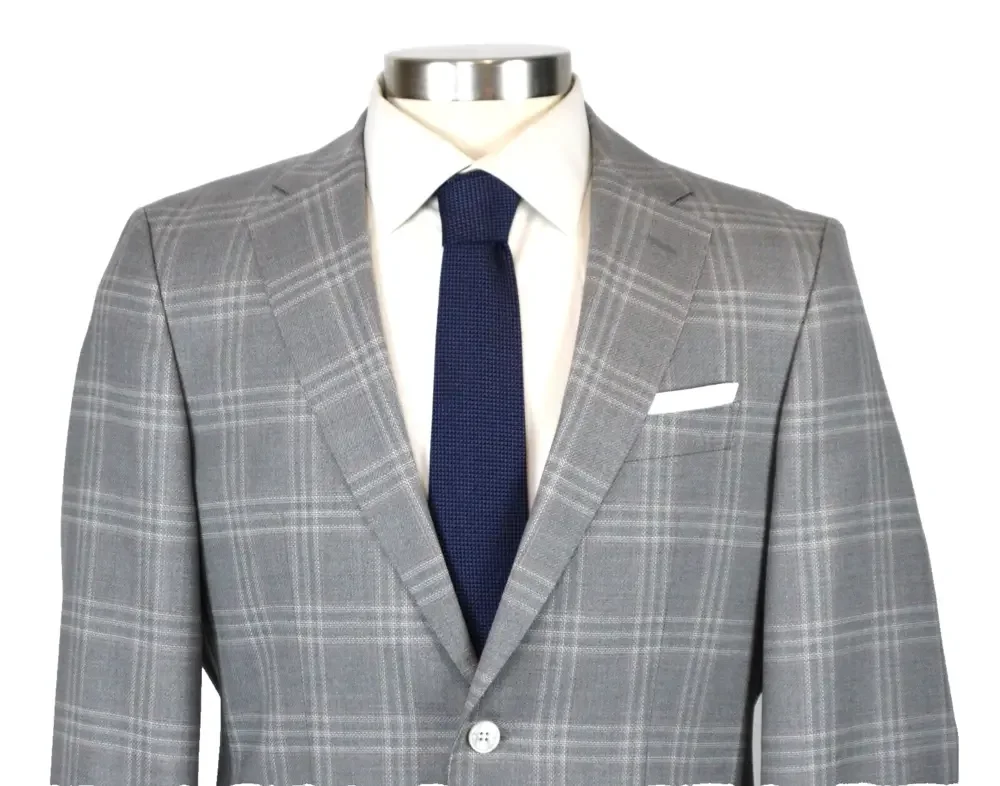 Hugo Boss Hutson Sport Coat 36 R Mens Slim fit Grey Plaid Wool Two Button 46 EU